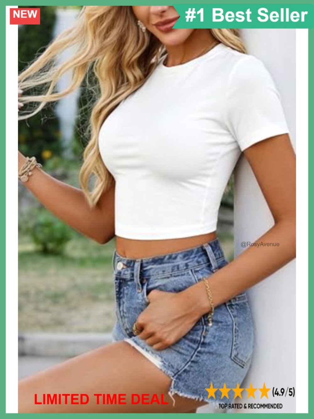 Women's Cropped Tee Short Sleeve Slim Fit Crew Neck Knit T-Shirt - Picture 2 of 5